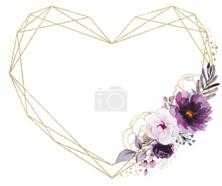 Photo for Golden heart made with Watercolor Purple and golden peonies flowers and leaves bouquet, isolated illustration isolated. Hand painted Element for valentines day or wedding stationary - Royalty Free Image