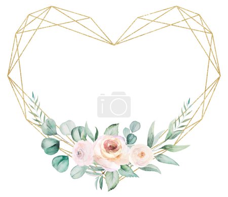 Photo for Golden heart frame with Watercolor light pink flowers and green leaves, romantic illustration. Hand painted Element for Valentines or wedding stationary, greetings cards, invitations - Royalty Free Image