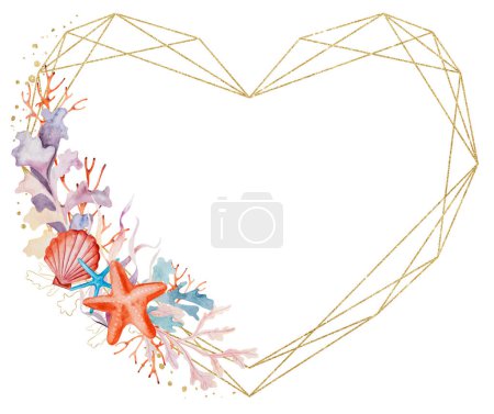 Photo for Golden frame with watercolor seaweeds, starfishes and seashells, isolated illustration. Underwater element for valentines and wedding invitations and stationery, crafting, printing - Royalty Free Image