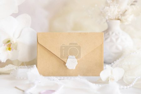 Photo for Sealed envelope near white orchid flowers and decor close up,  mockup. Pastel romantic scene with horizontal blank card for Wedding, Valentines, Spring or Mothers day stationery - Royalty Free Image