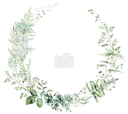 Round frame with watercolor fern twigs with green leaves, isolated illustration. Romantic botanical element for woodland or summer wedding stationery, digital scrapbooking, event invitations