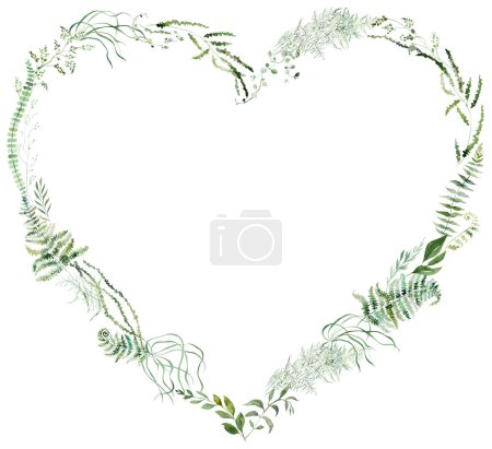 Téléchargez les photos : Coeur encadré avec aquarelle tiges fragiles et feuilles minuscules, asperges, fougères et herbes, illustration isolée tendre fantaisiste. Arrangement pour Ethereal romantique papeterie de mariage d'été - en image libre de droit