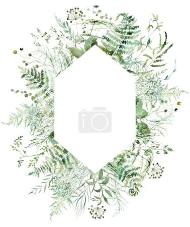 Geometric frame with watercolor fern twigs with green leaves, isolated illustration. Romantic botanical element for woodland or summer wedding stationery, digital scrapbooking, event invitations