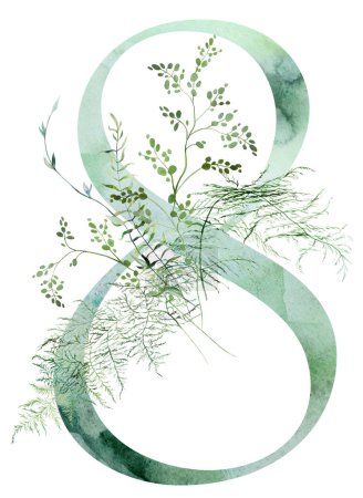 Green number 8 with Watercolor fragile stems and tiny leaves, asparagus, ferns, and grasses, whimsical tender isolated illustration. Elegant element for ethereal romantic wedding stationery