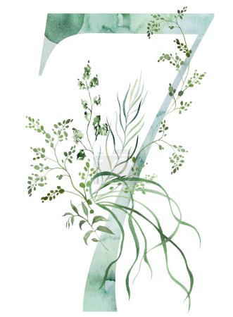 Green number 7 with Watercolor fragile stems and tiny leaves, asparagus, ferns, and grasses, whimsical tender isolated illustration. Elegant element for ethereal romantic wedding stationery
