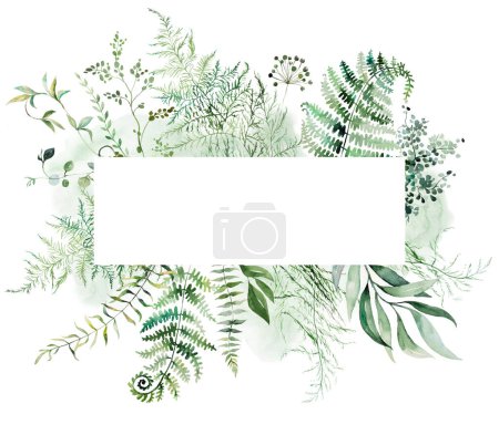 Frame made with watercolor fragile stems and tiny leaves, asparagus, ferns, and grasses, whimsical tender isolated illustration. Horizontal element for Ethereal romantic summer wedding stationery