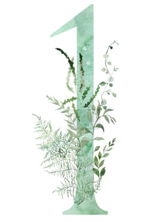 Téléchargez les photos : Green number 1 with Watercolor fragile stems and tiny leaves, asparagus, ferns, and grasses, whimsical tender isolated illustration. Elegant element for ethereal romantic wedding stationery - en image libre de droit