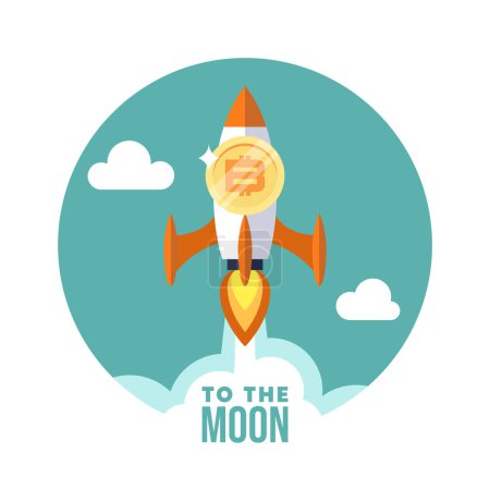 Illustration for Bitcoin, to the moon. Flat rocket icon. Startup - Royalty Free Image