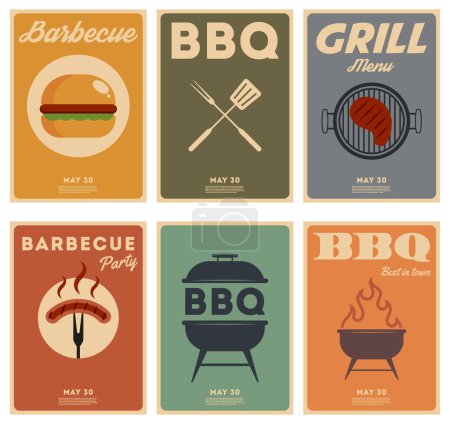 Téléchargez les illustrations : Ensemble d'affiche vintage barbecue. À l'heure du barbecue. Barbecue partie. - en licence libre de droit