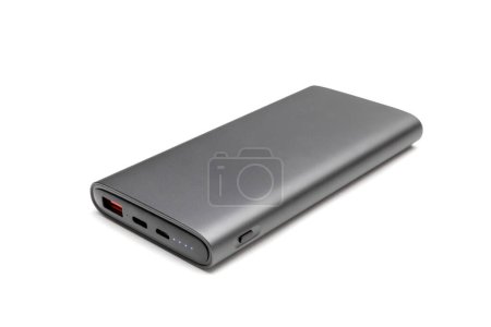 Fully charged portable powerbank with two usb outputs isolated on a white background. Powerbank for charging mobile devices.