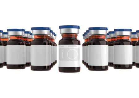 Photo for Medicine bottles for injection. Medical brown glass vials with blue caps, liquid solution for infusion isolated on a white background. Blank label mockup. 3d rendering illustration - Royalty Free Image