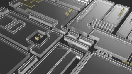 Abstraktes Blockdiagramm eines Mikrochips, quadratisch geformtes Design, abstrakte Darstellung elektronischer Bauteile und Recheneinheiten, futuristischer Glas-Tech-Hintergrund, 3D-Darstellung