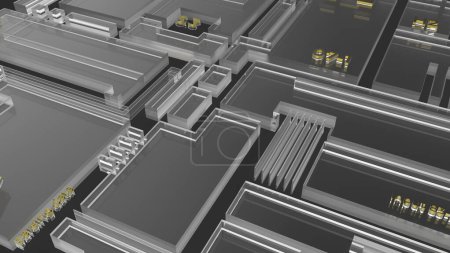 Foto de Diagrama de bloque abstracto de un microchip, diseño en forma cuadrada, representación abstracta de componentes electrónicos y unidades de computación, fondo tecnológico de vidrio futurista, ilustración de renderizado 3D - Imagen libre de derechos