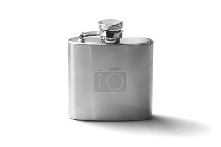 Photo for Small metal flask alcohol container isolated on white background. Stainless hip flask close-up macro, mock-up ready - Royalty Free Image