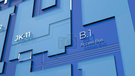Abstract block diagram of a microchip, squared shaped design, abstract representation of electronic components and computing units, futuristic glass tech background, 3d rendering illustration
