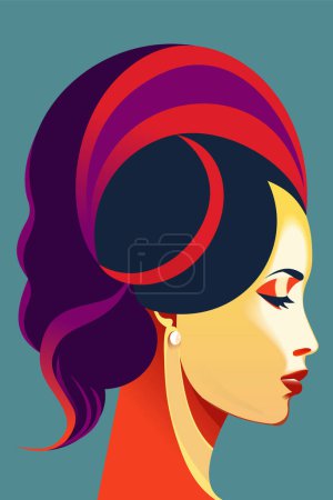 Téléchargez les illustrations : Portrait de femme de profil, 1960, 1970, 1980s style affiche, rétro, futuriste, cheveux forts et sains, publicité salon de beauté - en licence libre de droit