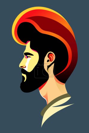 Ilustración de Retrato masculino del Oriente Medio en perfil, 1960s, 1970s, 1980s poster style, retro, futuristic, strong healthy hair, black beard, salon advertising - Imagen libre de derechos