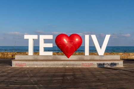 Photo for Tel Aviv, Israel September 10, 2022 Tel Aviv sign at the Port area. Selfie photo opportunity in Tel Aviv. Play on words the word for heart in Hebrew is "lev" so the sign can be read "Te lev iv". Tel Aviv, Israel, tourism. - Royalty Free Image