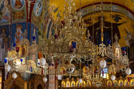 Foto de Kfar Cana Febrero 24, 2023 Interior de la Iglesia ortodoxa griega de San Jorge, la iglesia nupcial en Kfar Cana Israel. - Imagen libre de derechos