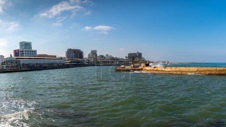 Photo for Tel Aviv, Israel September 10, 2022  Port of Tel Aviv boardwalk restaurants and stores along the Mediteranian Sea. Saturday morning at Namal Tel Aviv, Israel. - Royalty Free Image