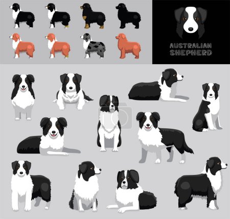Ilustración de Perro pastor australiano Escudo negro Dibujos animados Vector Ilustración Color Variación Set - Imagen libre de derechos