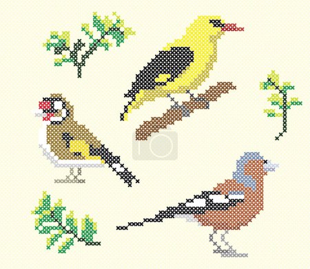 Ilustración de Cross Stitch Vector Element Bird Oriole Goldfinch Chaffinch Embroidery - Imagen libre de derechos