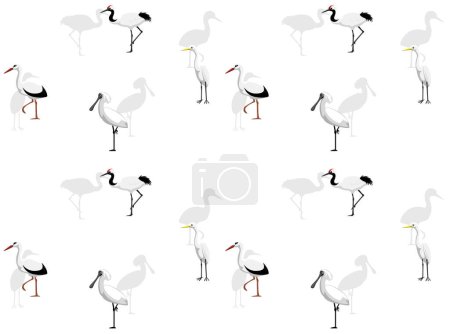 Illustration for Spoonbill Egret Stork Crane Cute Cartoon Poses Seamless Wallpaper Background - Royalty Free Image