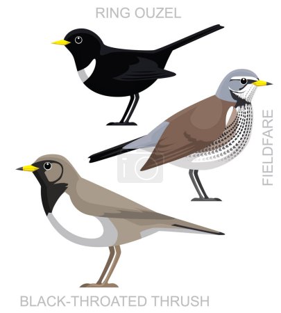 Téléchargez les illustrations : Cute Bird Ring Ouzel Fieldfare Thrush Set vecteur de bande dessinée - en licence libre de droit