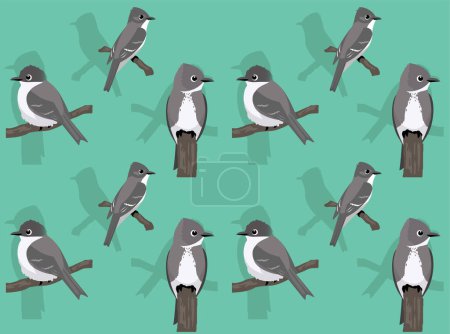 Téléchargez les illustrations : Oiseau Tyran Flycatcher mignon bande dessinée pose sans couture fond d'écran - en licence libre de droit