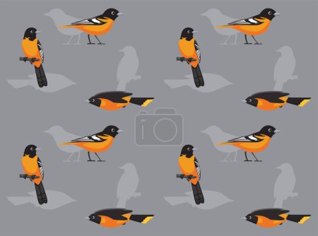 Téléchargez les illustrations : Oiseau Baltimore Oriole mignon dessin animé fond sans couture - en licence libre de droit
