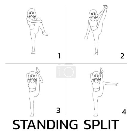 Illustration for Standing Split Yoga Manga Tutorial How Cartoon Vector Illustration Black and White - Royalty Free Image
