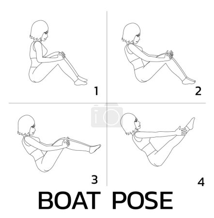Illustration for Boat Pose Yoga Manga Tutorial How Cartoon Vector Illustration Black and White - Royalty Free Image