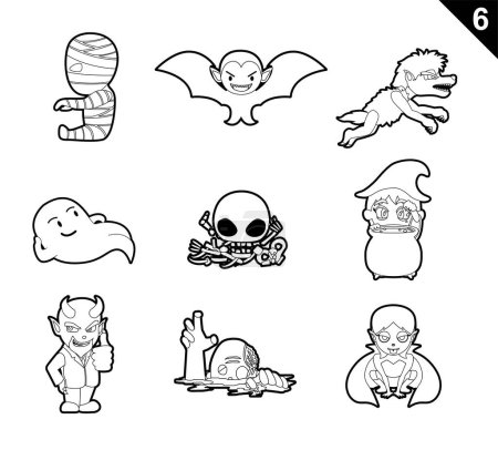 Ilustración de Personajes de Halloween Libro para colorear Lindo conjunto de vectores de dibujos animados 6 - Imagen libre de derechos