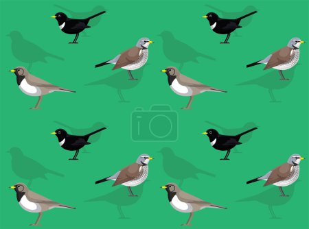Téléchargez les illustrations : Anneau oiseau Ouzal Fieldfare Grive Cartoon mignon fond d'écran sans couture - en licence libre de droit