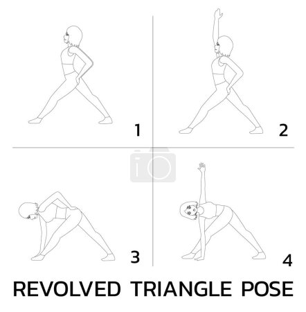 Illustration for Revolved Triangle Pose Yoga Manga Tutorial How Cartoon Vector Illustration Black and White - Royalty Free Image