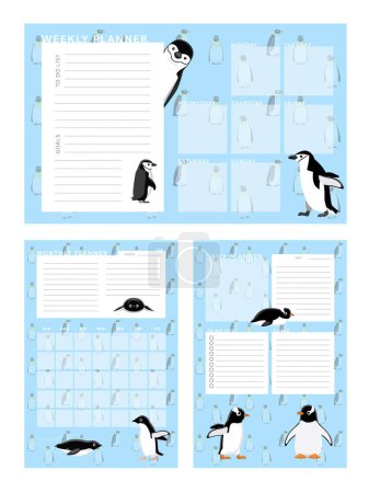 Téléchargez les illustrations : Hiver Hebdomadaire Mensuel Mensuel Planificateur Chinstrap Adelie Gentoo Penguin Cartoon Vector Characters Set - en licence libre de droit