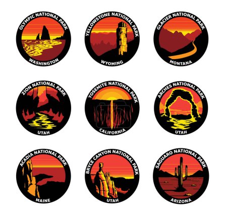 National Park North American Vector Badge Sonnenuntergang Landschaft Set