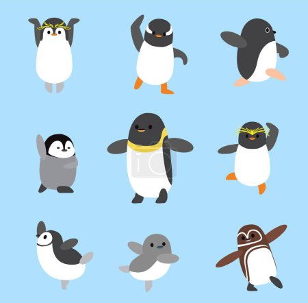 Téléchargez les illustrations : Ensemble de danse de ballet de dessin animé Chibi mignon pingouin personnage vecteur - en licence libre de droit