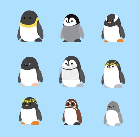 Ilustración de Pingüino lindo Chibi Cartoon Standing Set personaje Vector - Imagen libre de derechos