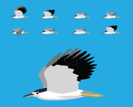 Téléchargez les illustrations : Cadre d'animation vectoriel de bande dessinée volante de héron de nuit d'oiseau - en licence libre de droit