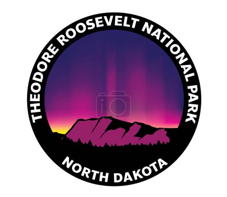 Ilustración de Parque Nacional Theodore Roosevelt North Dakota Northern Lights Aurora Borealis Vector Logo - Imagen libre de derechos