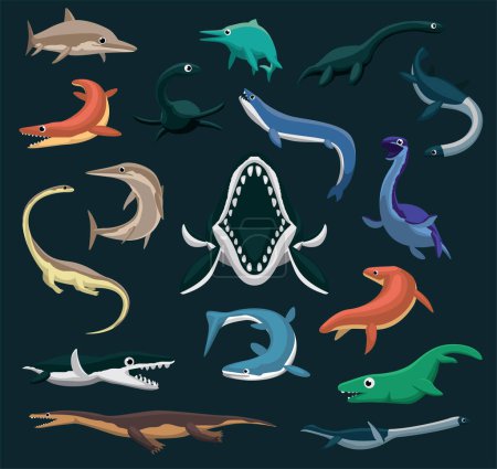 Ensemble vectoriel de bande dessinée de reptiles préhistoriques de dinosaures de monstres marins