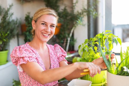 Photo for Happy woman gardening on balcony at home. She is taking care her Aloe Vera plant. - Royalty Free Image