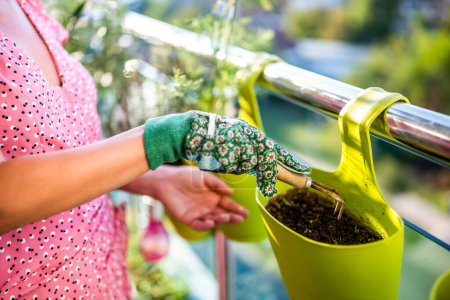 Photo for Close up image of  woman hands putting soil into flower pot and using small rake. She enjoys  in  gardening on balcony at her home. - Royalty Free Image
