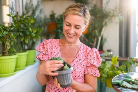 Photo for Happy woman gardening on balcony at home. She is looking growth of  her  Houseleek plant. - Royalty Free Image