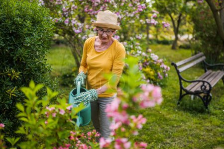 Foto de Feliz mujer mayor disfruta regando plantas en su jardín. - Imagen libre de derechos