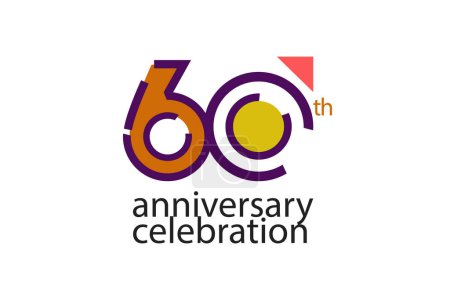Téléchargez les illustrations : 60 année anniversaire célébration style abstrait logotype. Anniversaire avec violet, jaune, couleur orange isolé sur fond blanc - en licence libre de droit