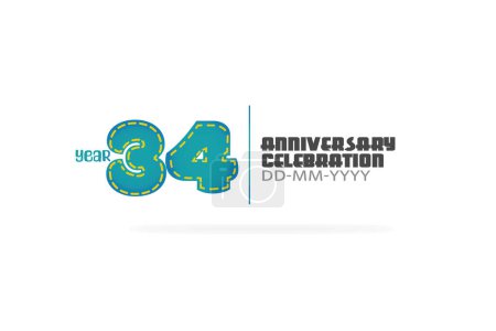 Ilustración de 34 aniversario celebración divertido estilo verde y azul colores sobre fondo blanco para tarjetas, evento, banner-vector - Imagen libre de derechos