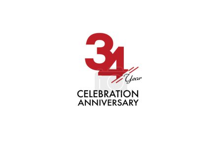 Illustration for 34 years anniversary with red color isolated on white background, vector design for celebration - Royalty Free Image