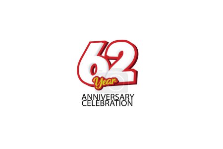 Ilustración de 62 rojo amarillo divertido estilo sobre fondo blanco para aniversario, logotipo de la celebración, diseño plano, telón de fondo, papel pintado, folleto - Imagen libre de derechos